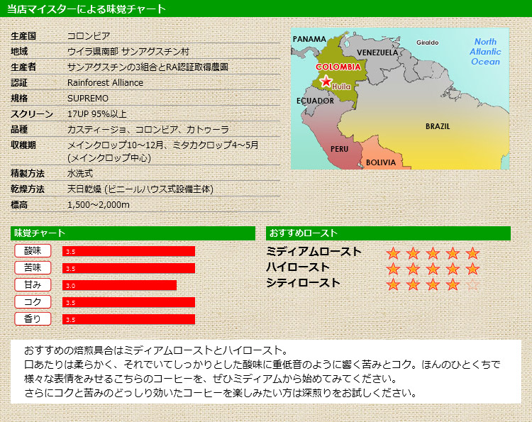 当店マイスターによる味覚チャート コロンビア ラ マグダレナ