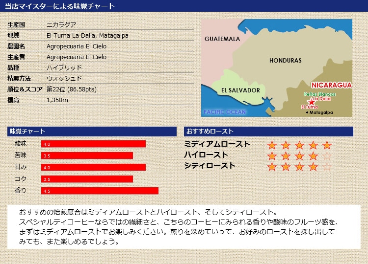 当店マイスターによる味覚チャート ニカラグア COE2017 アグロペクアリア エル シエロ