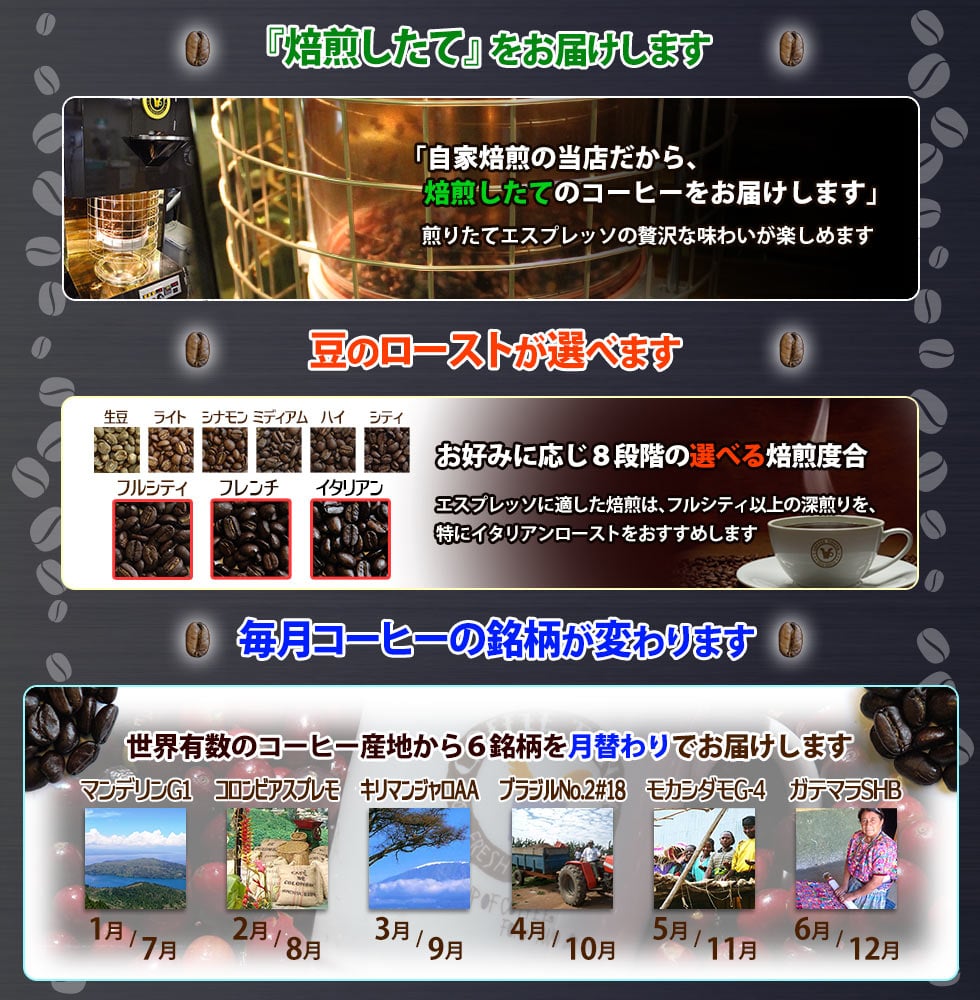 コーヒー豆 1年間 毎月1kg (生豆時500g×2袋)プレゼントキャンペーン