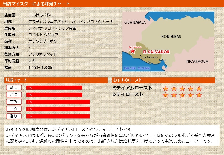 当店マイスターによる味覚チャート エルサルバドル ディビナ プロビデンシア農園 オレンジブルボン