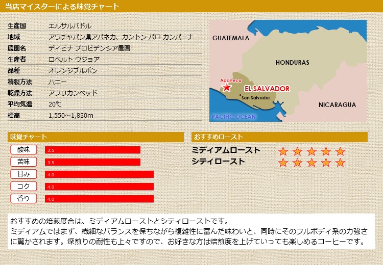 当店マイスターによる味覚チャート エルサルバドル ディビナ プロビデンシア農園 オレンジブルボン
