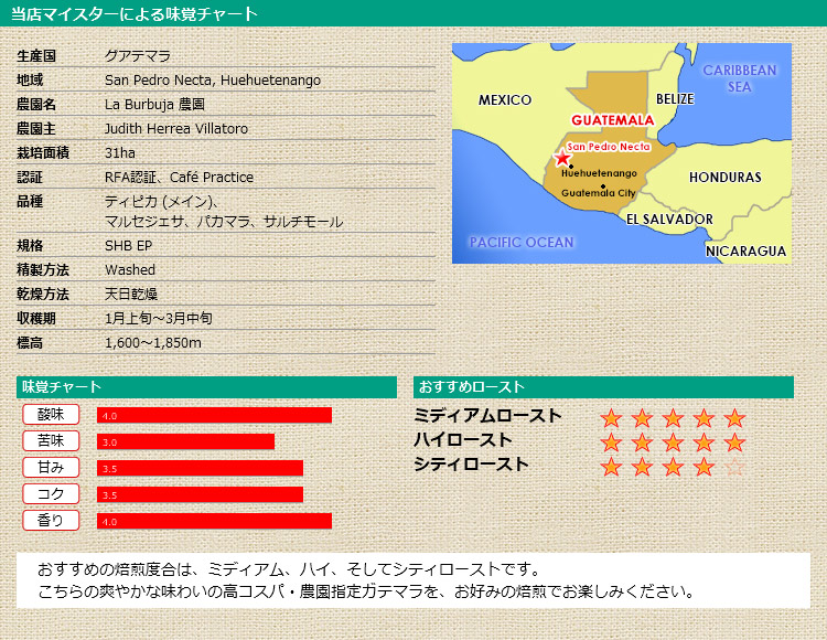 当店マイスターによる味覚チャート グアテマラ ラ ブルブハ農園