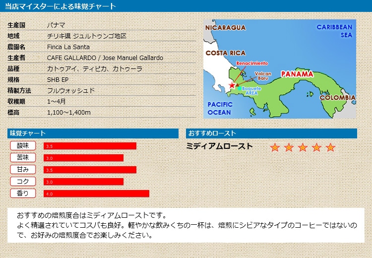 当店マイスターによる味覚チャート パナマ ボルカンバル ラ サンタ