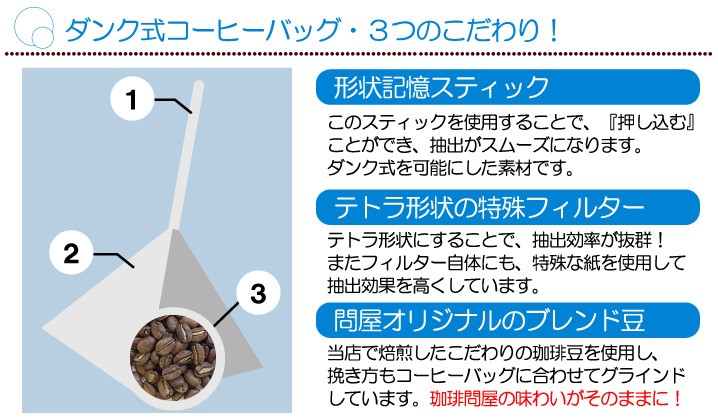 ダンク式コーヒーバッグ・3つのこだわり! 形状記憶スティック テトラ形状の特殊フィルター 問屋オリジナルブレンド豆