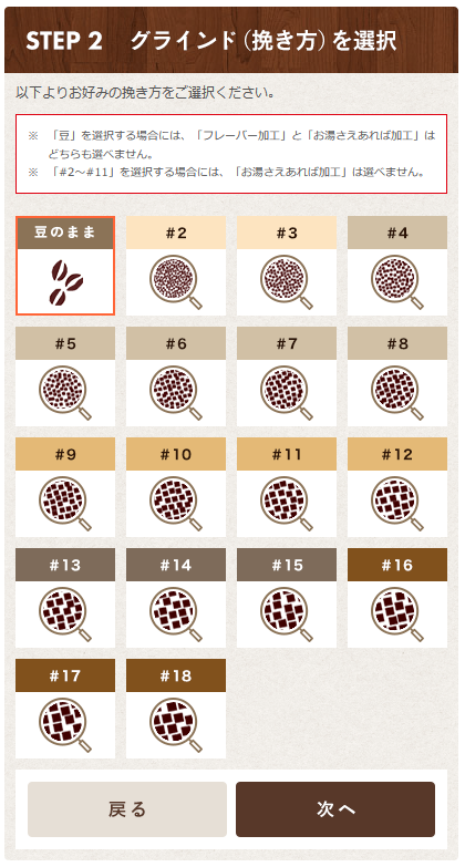 STEP2 グラインド（挽き方）選択画面